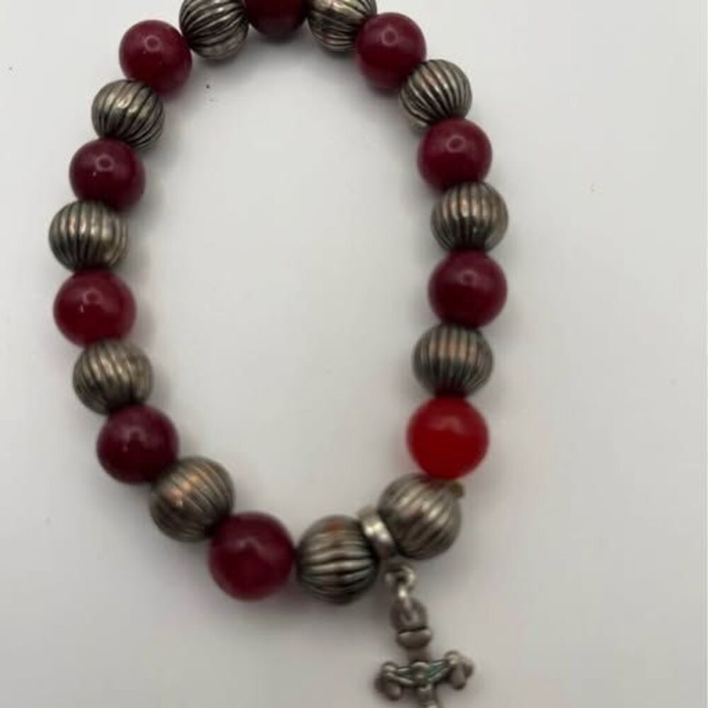 Red and Silver Tone Beaded Bracelet with Cross Charm